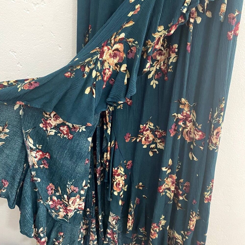Xhilaration | Teal Floral Maxi Dress Flutter Sleeves Faux Wrap - Picture 6 of 9